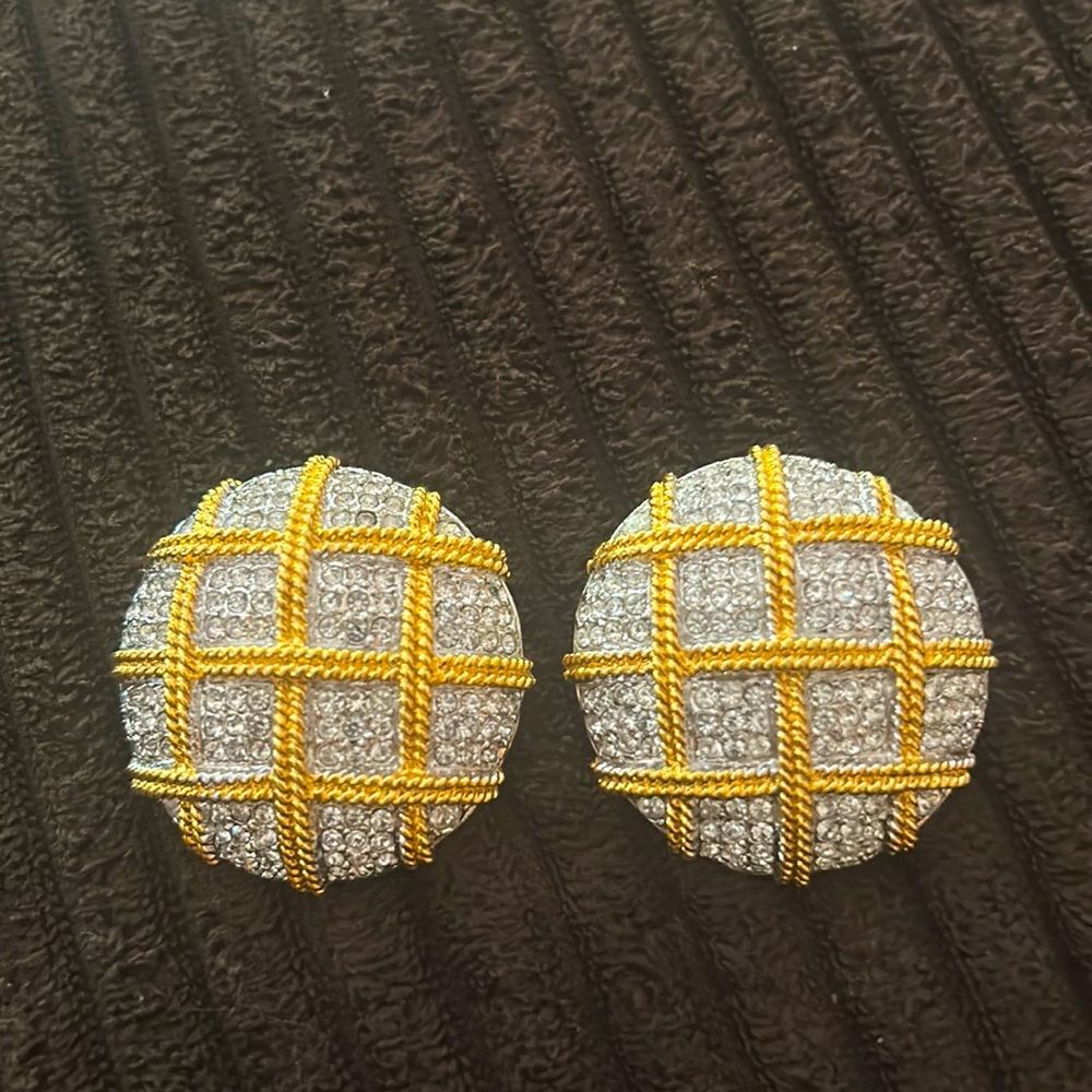 Vintage Gold and Rhinestone Criss Cross Clip Earrings